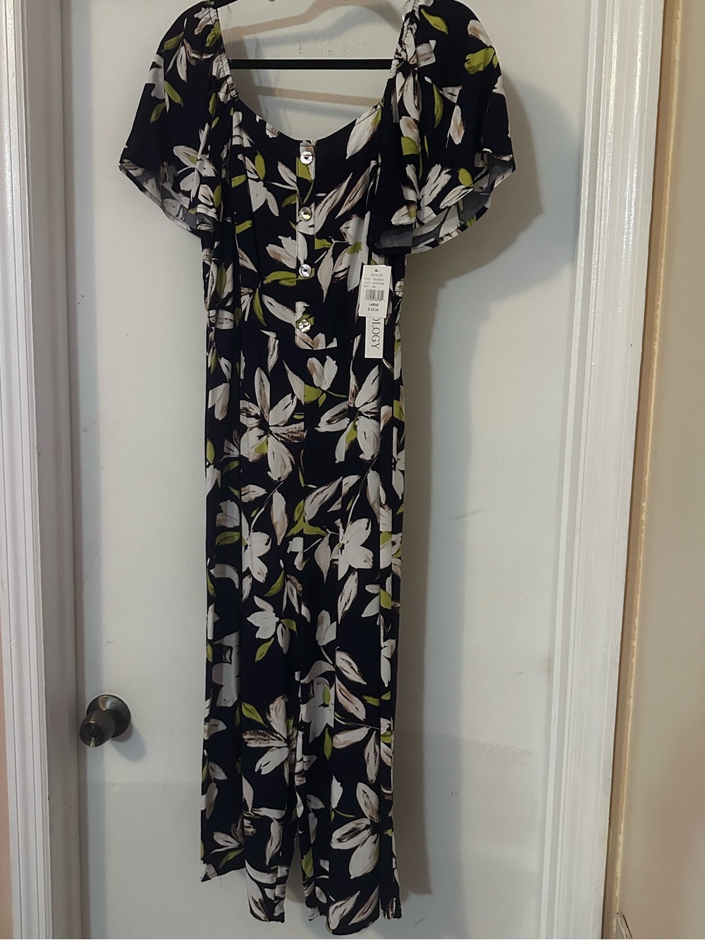 Luxology Smocked Floral Jumpsuit with Flutter sleeves, Size L, NWT